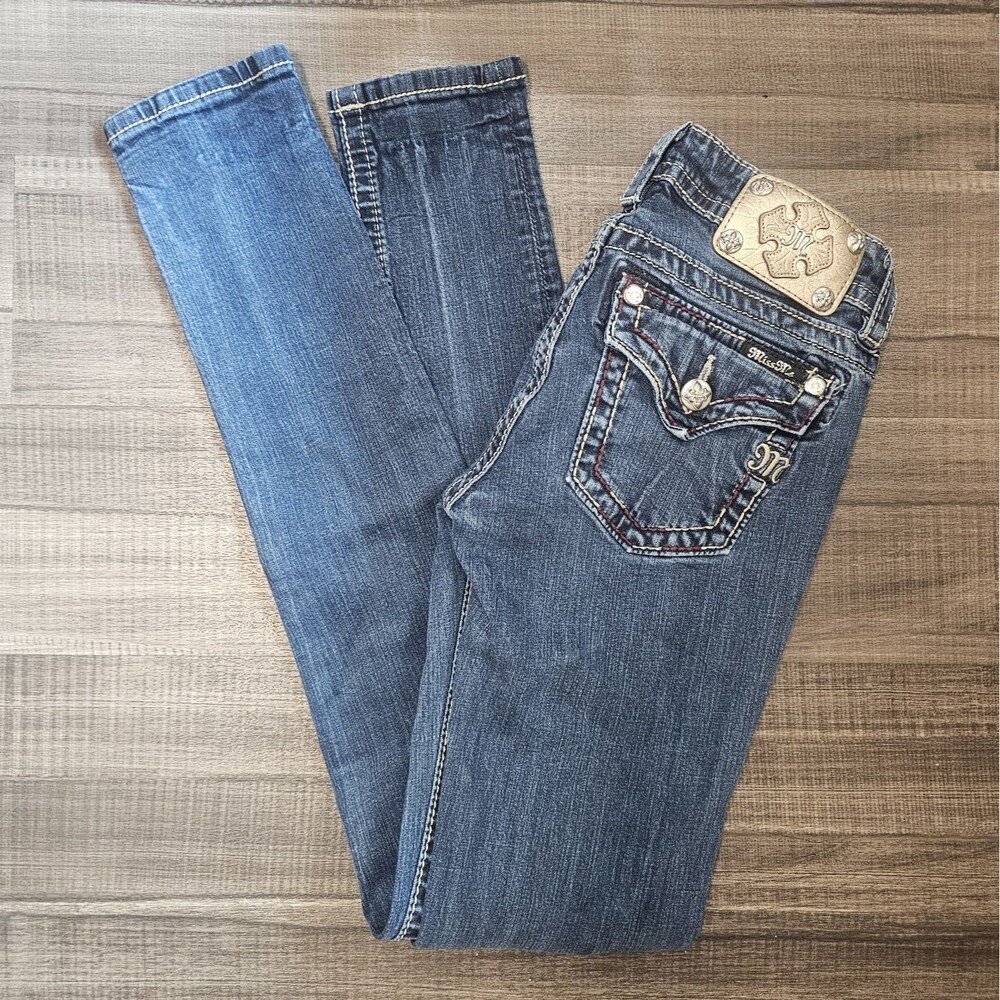 Miss Me Womens Skinny Jeans Blue Dark Wash Stretch Embellished Bling Pocket Y2k